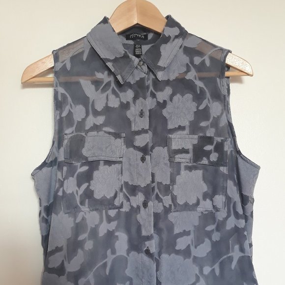 Jones New York Sleeveless Shirt, Semi-Sheer with Floral Pattern, Blue, Sz. M - Picture 2 of 10